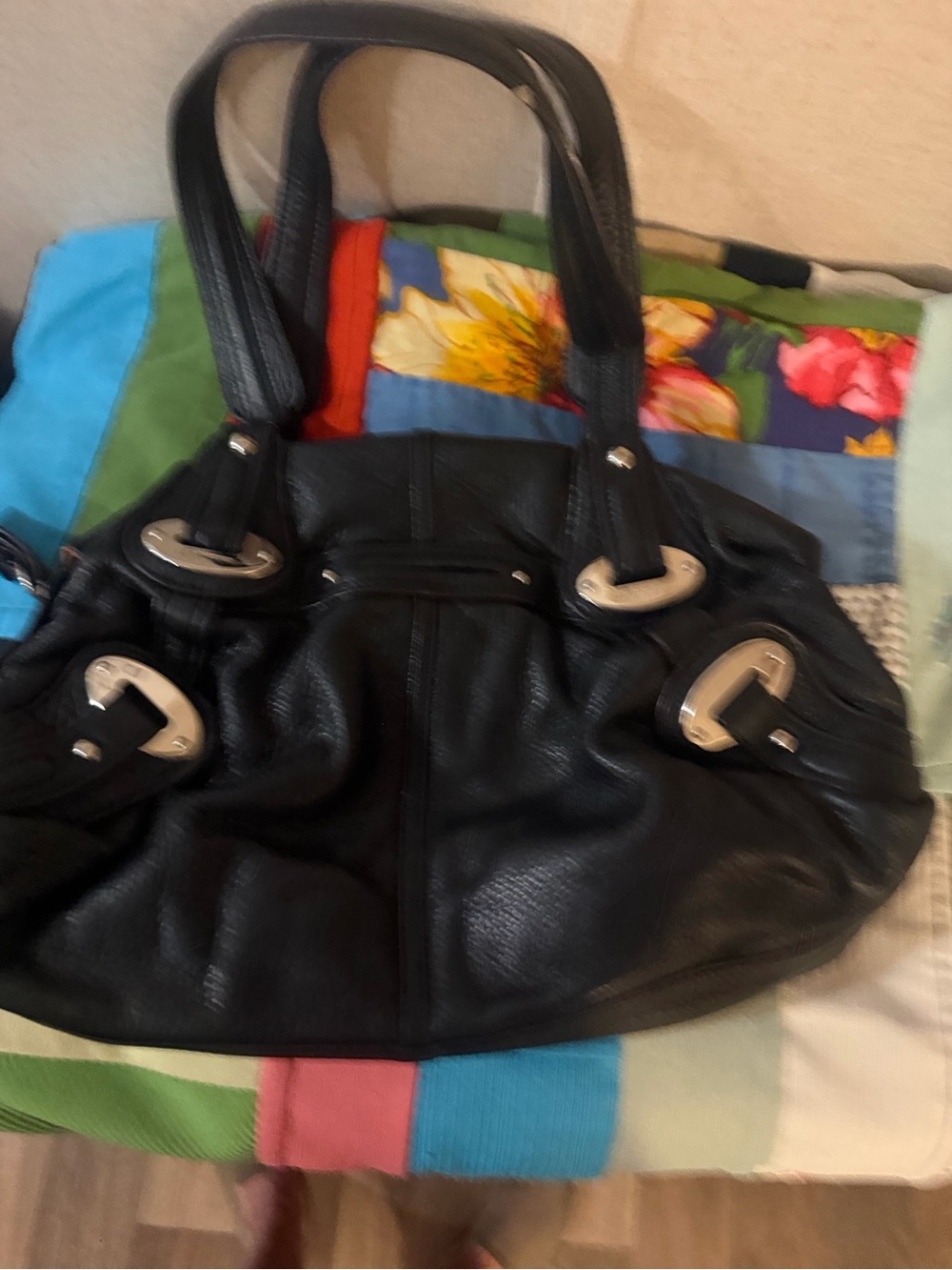b. makowsky Black Pebbled Leather Shoulder Handbag with Silver Accents